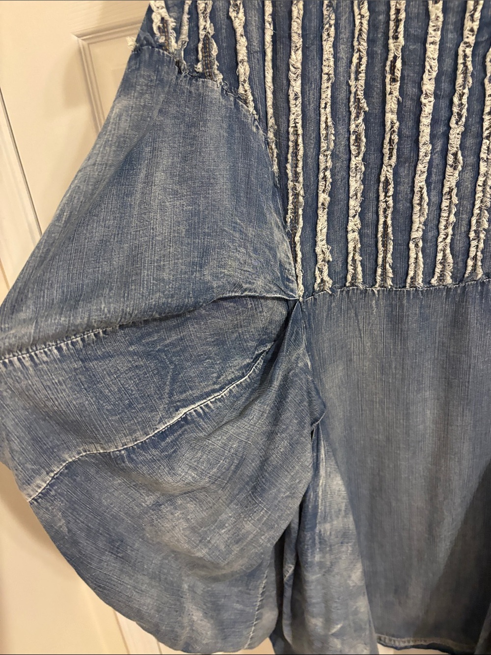Blue Textured Boho Tunic Dress with Stripe Detail - Picture 4 of 11